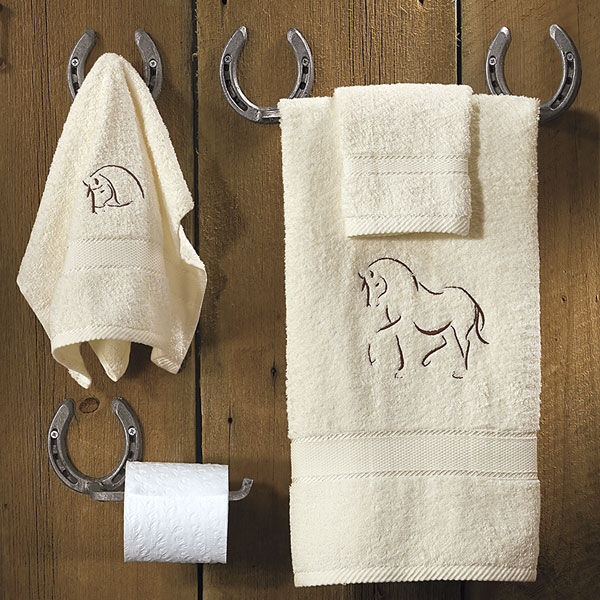 You're in Bath Towels Decorate your bathroom with several western and horse themes to really show your guests your love of True Western Living. We have towel sets as well as individual towels with themes like barbed wire, horseshoes, horses, saddles, etc.